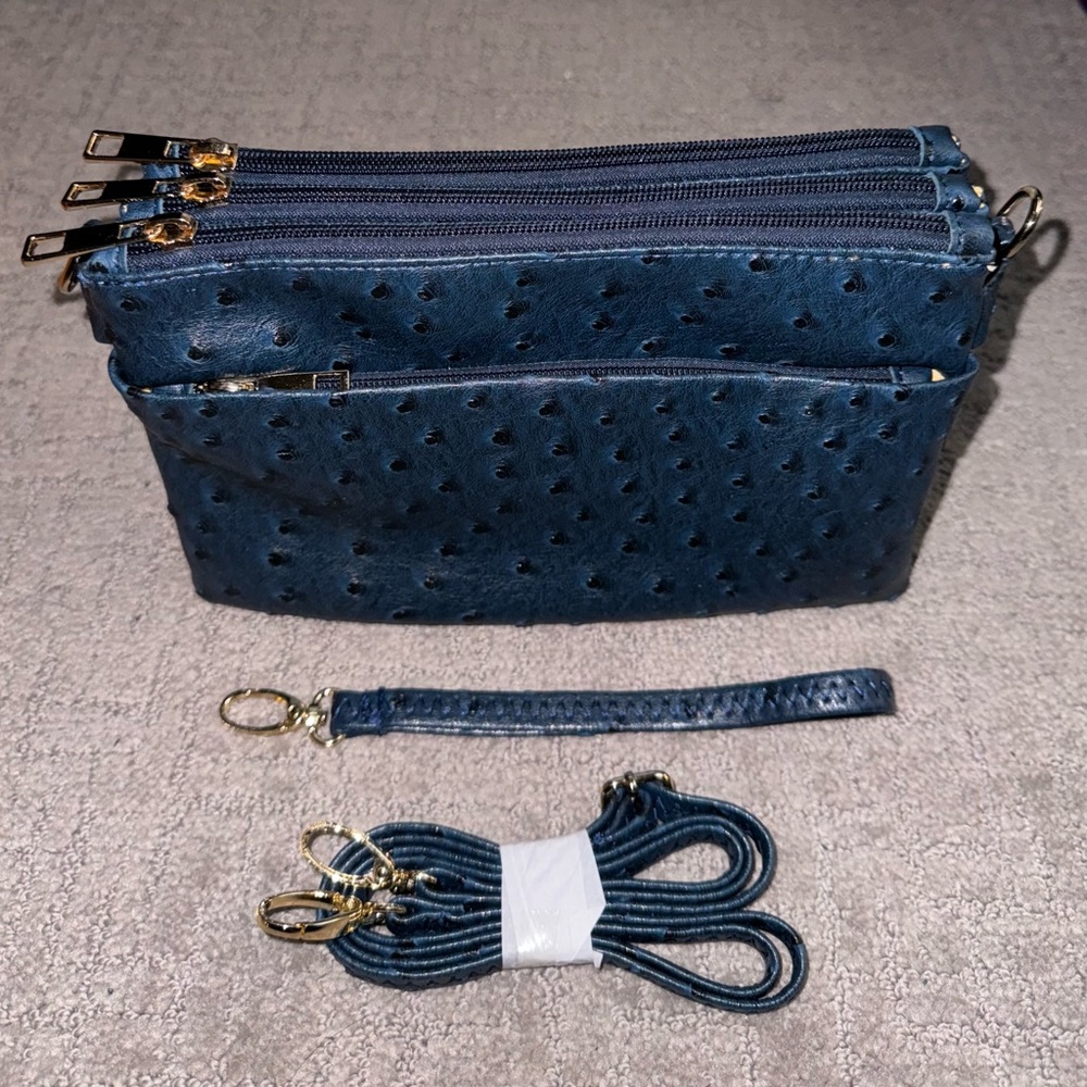 Blue Faux Ostrich Multi Zipper Compartment Crossbody Purse
